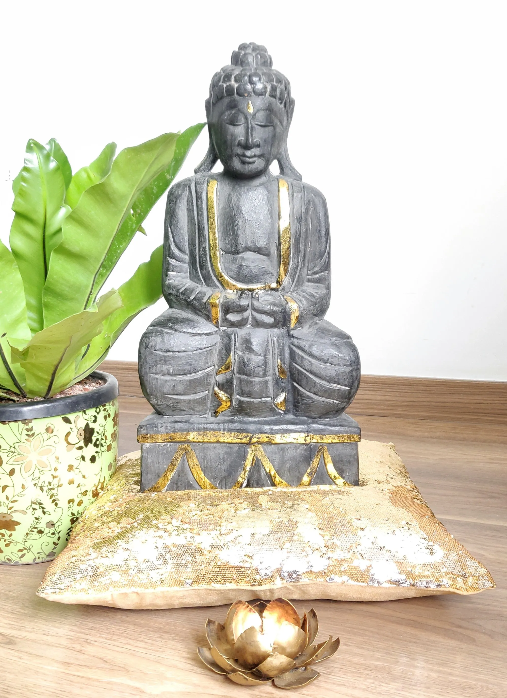 Home Decor. Tabletop Showpiece.
Handcrafted Meditating Wooden Buddha Statue on a Lotus Pedestal.