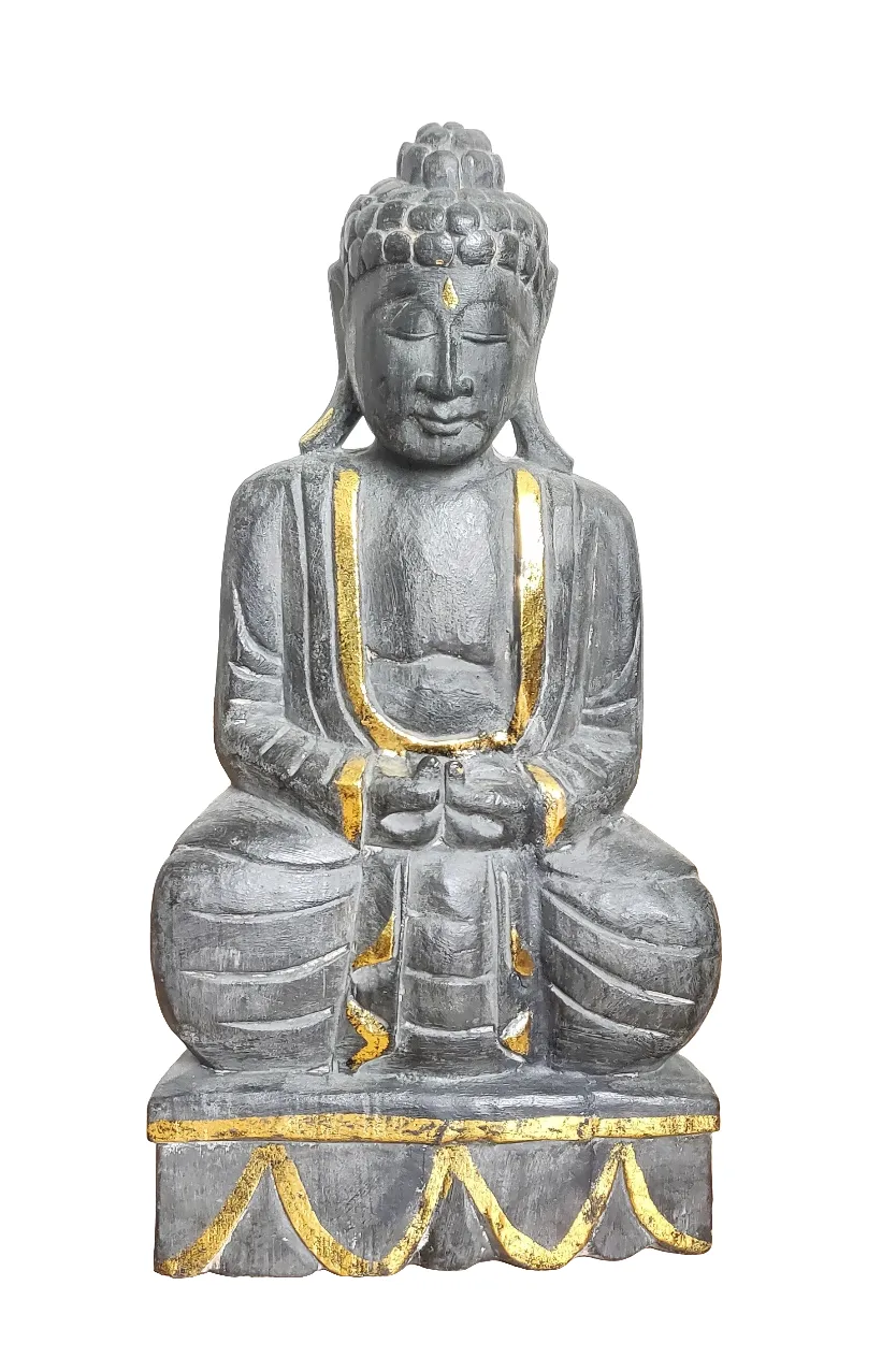 Home Decor. Tabletop Showpiece.
Handcrafted Meditating Wooden Buddha Statue on a Lotus Pedestal.