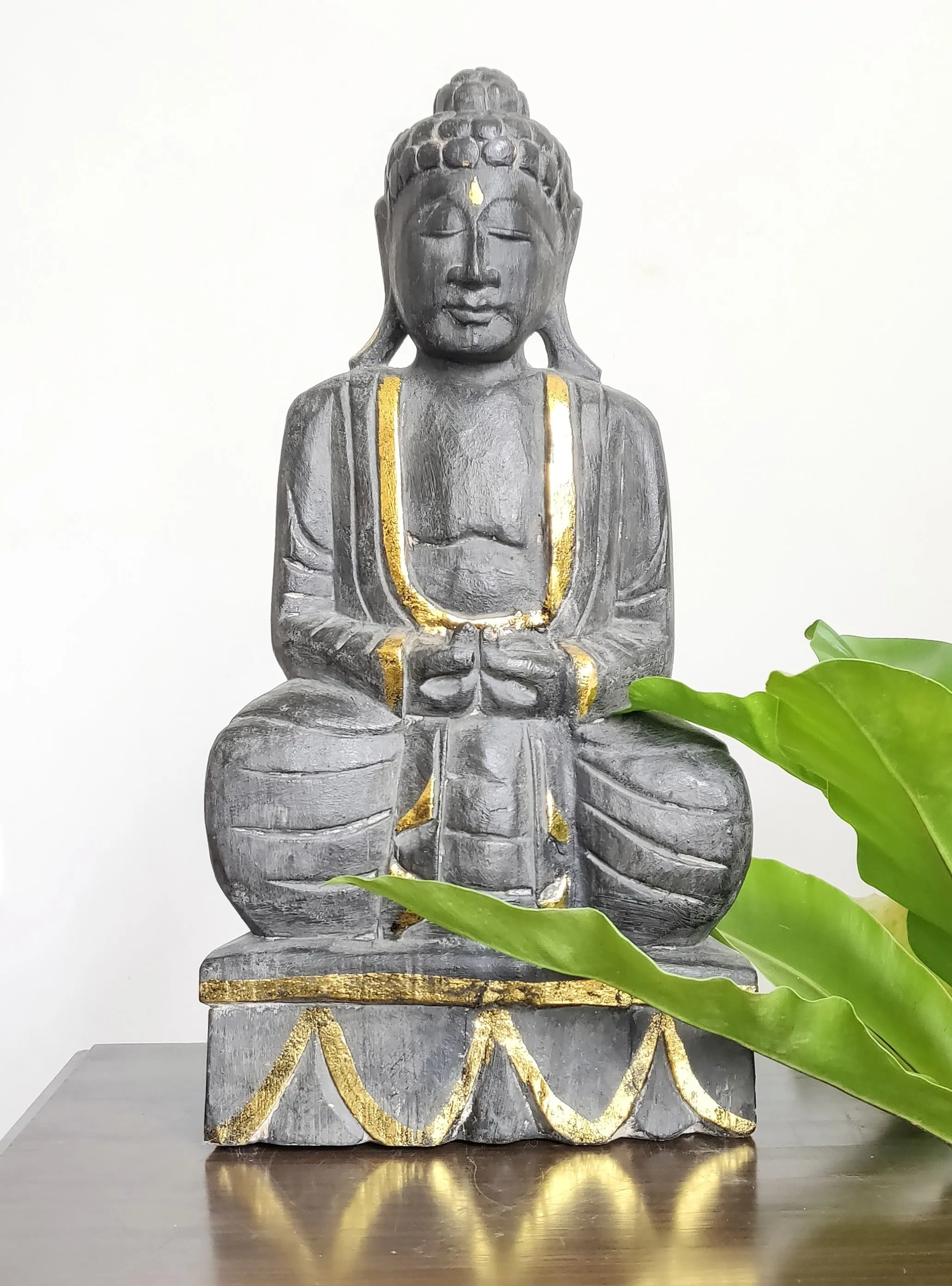 Home Decor. Tabletop Showpiece.
Handcrafted Meditating Wooden Buddha Statue on a Lotus Pedestal.