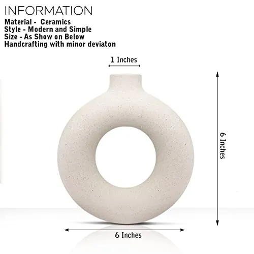 INDULGE HOMES - White Vase/Flower Vase/Pampas Grass Vase/Ceramic Vase/Round Shaped Vase/Home Decor Centrepiece/Decor Showpiece Donut Vase 6 & 8 Inches (Pack of 2)