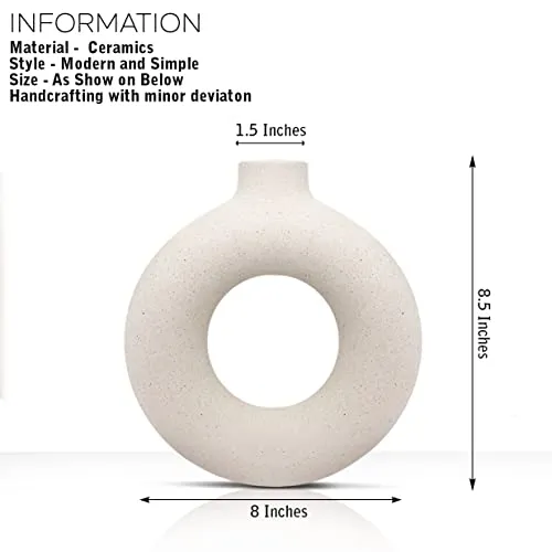 INDULGE HOMES - White Vase/Flower Vase/Pampas Grass Vase/Ceramic Vase/Round Shaped Vase/Home Decor Centrepiece/Decor Showpiece Donut Vase 6 & 8 Inches (Pack of 2)