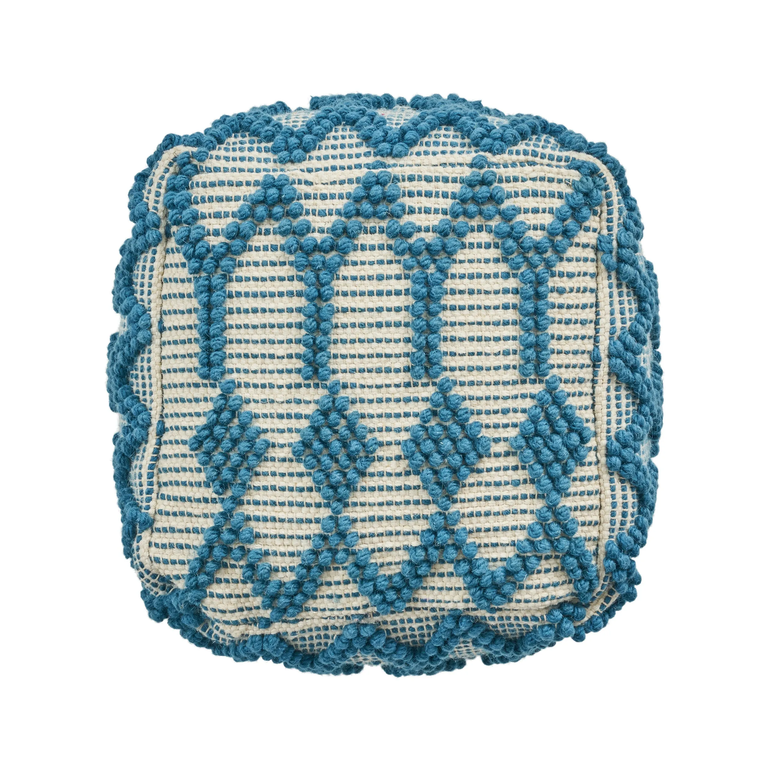 Jessie Boho Wool and Cotton Ottoman Pouf, Teal and White