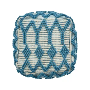 Jessie Boho Wool and Cotton Ottoman Pouf, Teal and White