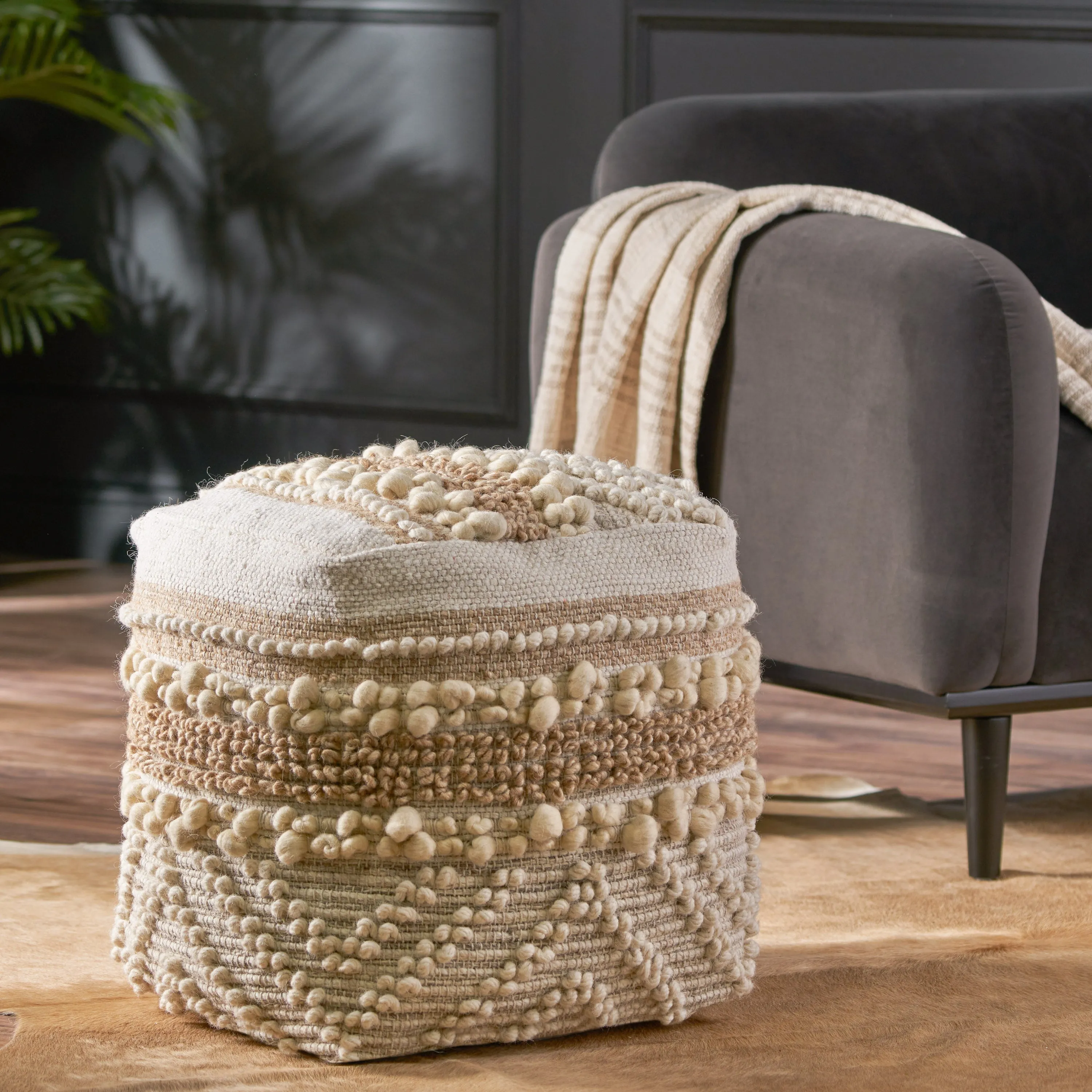 Katiya Contemporary Wool and Cotton Pouf Ottoman