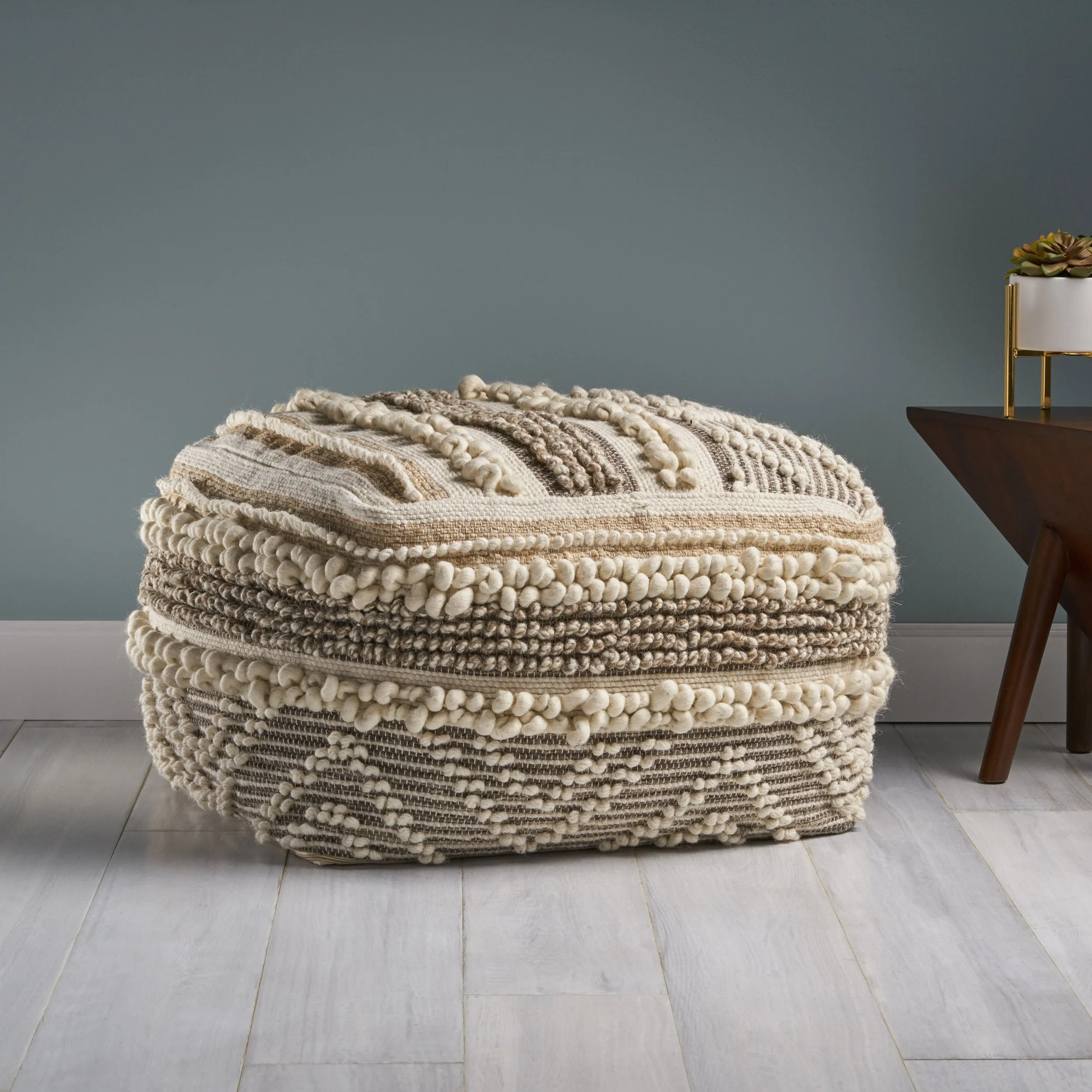 Katiya Contemporary Wool and Cotton Pouf Ottoman