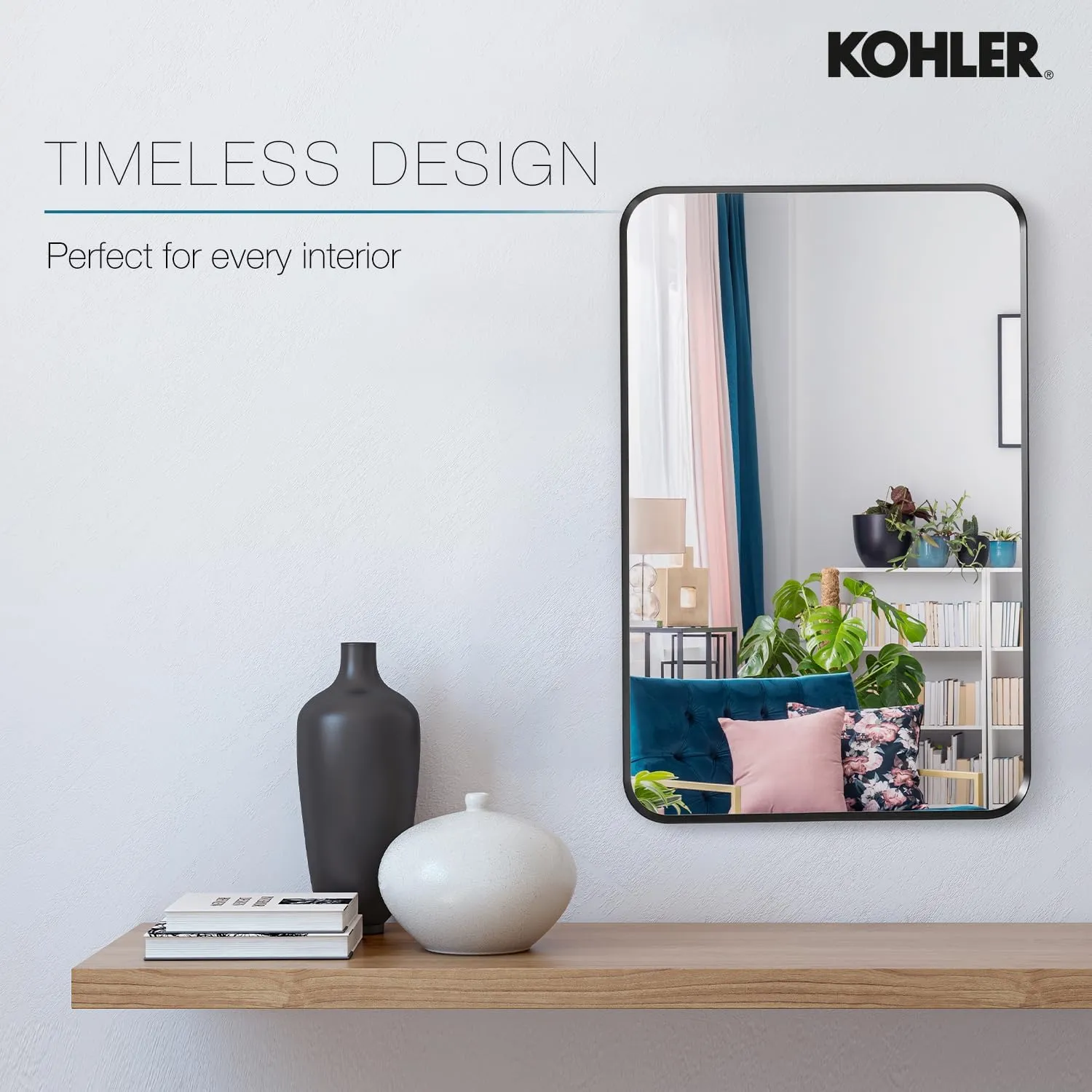 Kohler Essential Rectangle Decorative Mirror for Wall 560mm X 864mm (22"x 34") Matte Black Frame with Silver Coated Glass - Mirror for Bathroom, Living Room, Bedroom - Premium Metal & Timeless Design