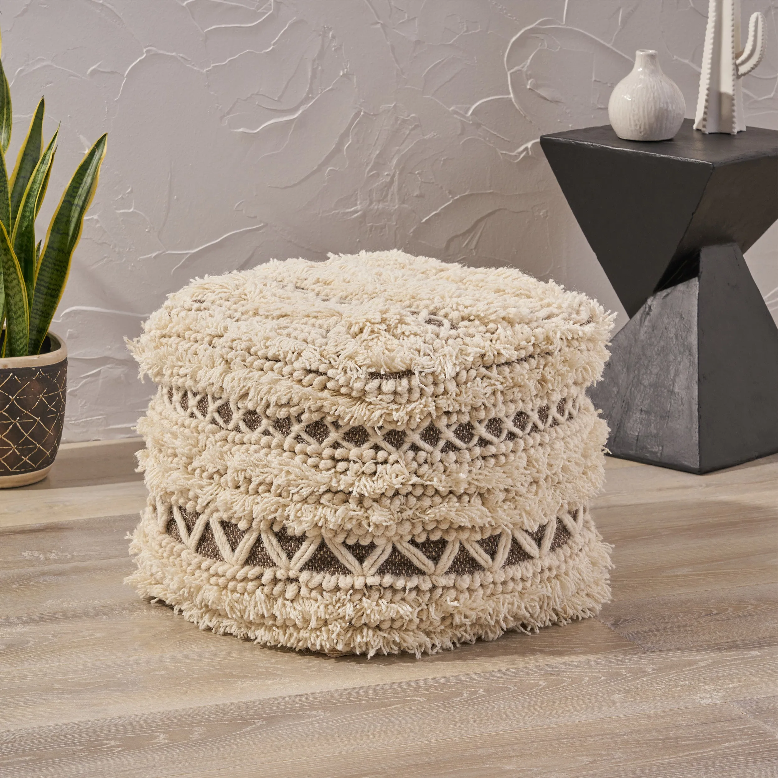 Korey Boho Wool and Cotton Ottoman Pouf