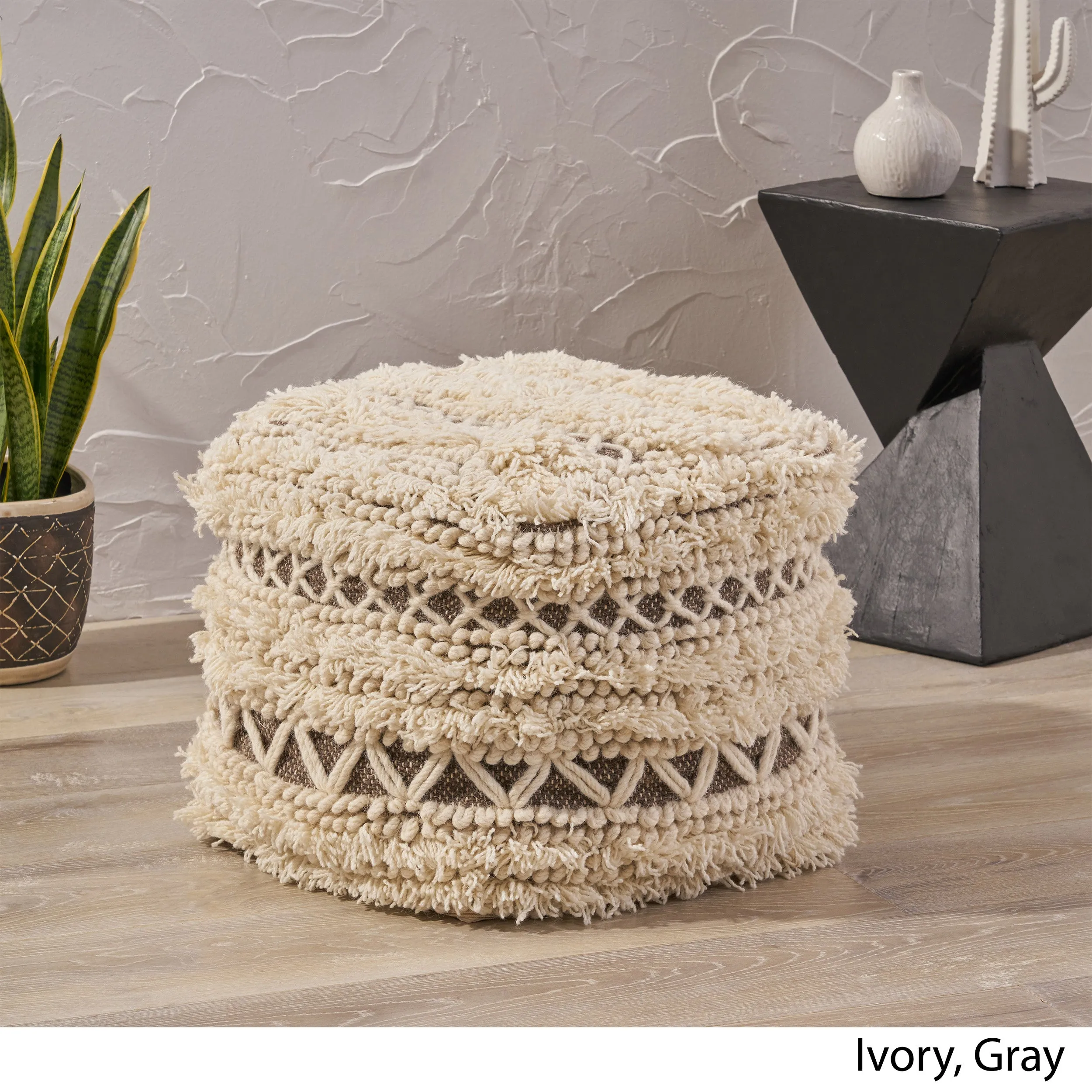 Korey Boho Wool and Cotton Ottoman Pouf