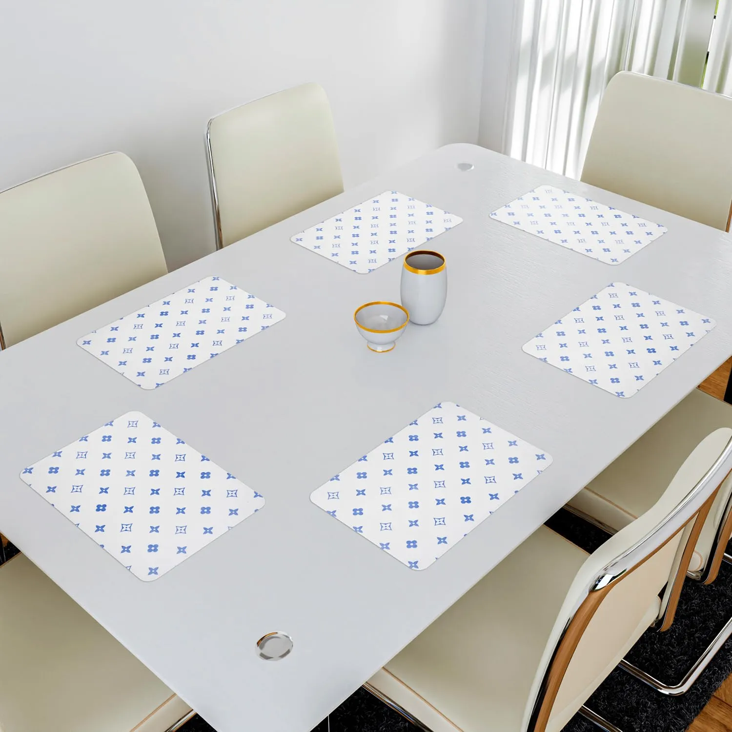 Kuber Industries Placemat | Placemats for Dining Room | Anti-Slip Table Mat Set | Placemats for Kitchen Table | Dining Table Placemats | Blue Star-Design Placemat | 6 Piece Set | White