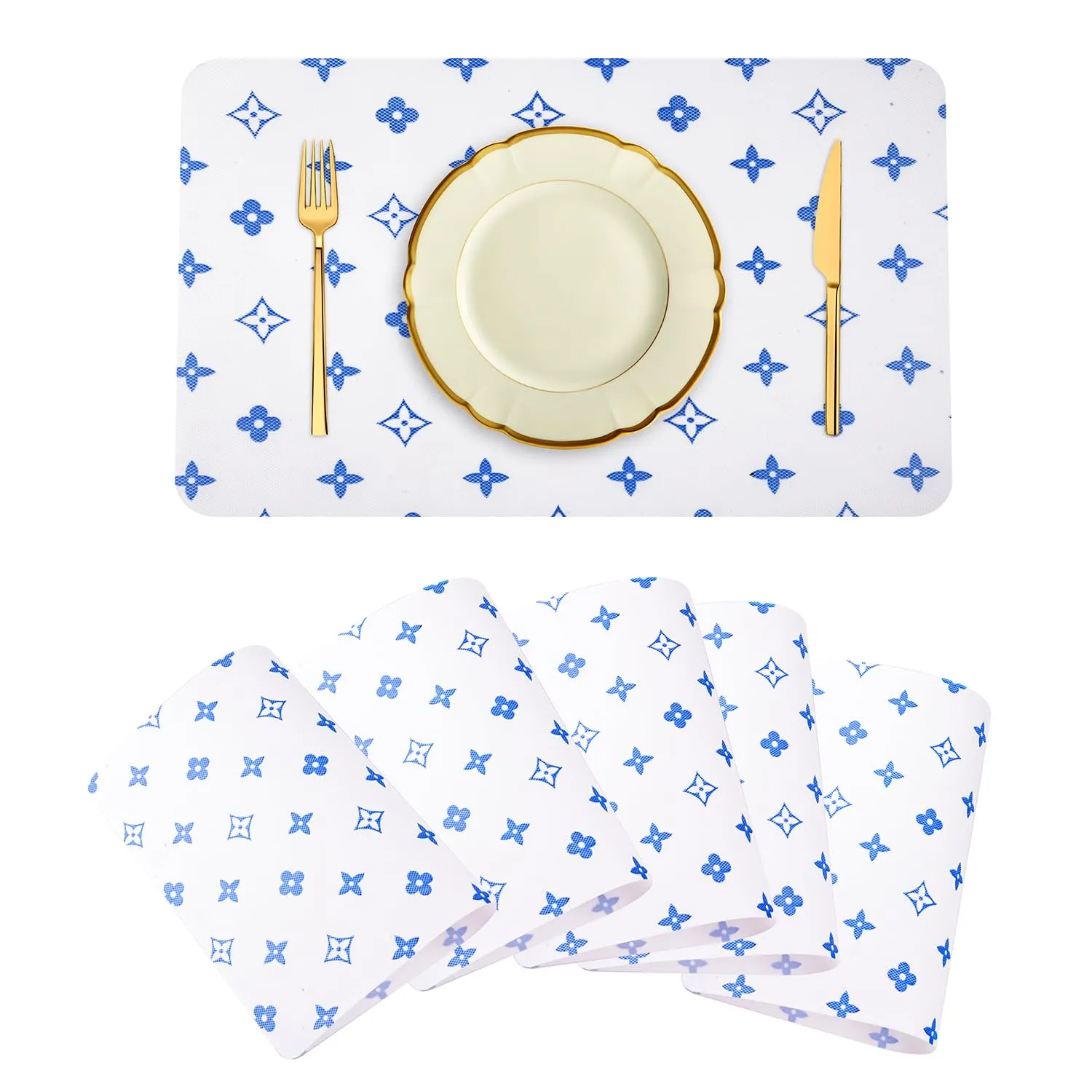 Kuber Industries Placemat | Placemats for Dining Room | Anti-Slip Table Mat Set | Placemats for Kitchen Table | Dining Table Placemats | Blue Star-Design Placemat | 6 Piece Set | White