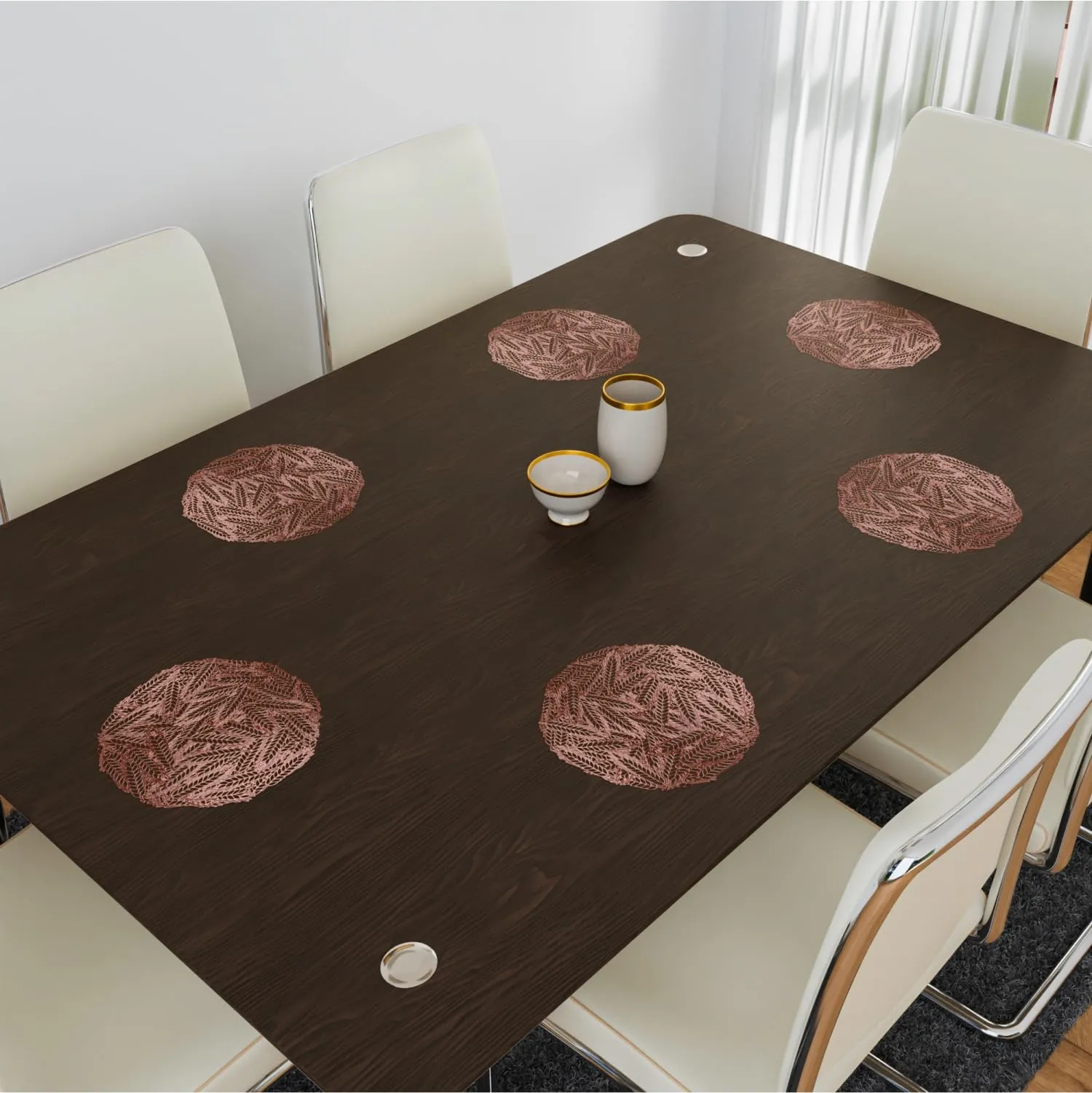 Kuber Industries Placemat | Placemats for Dining Room | Designer Table Mat Set | Placemats for Kitchen Table | Round Table Placemats | Leaf-Design Placemat | 6 Piece Set | Copper