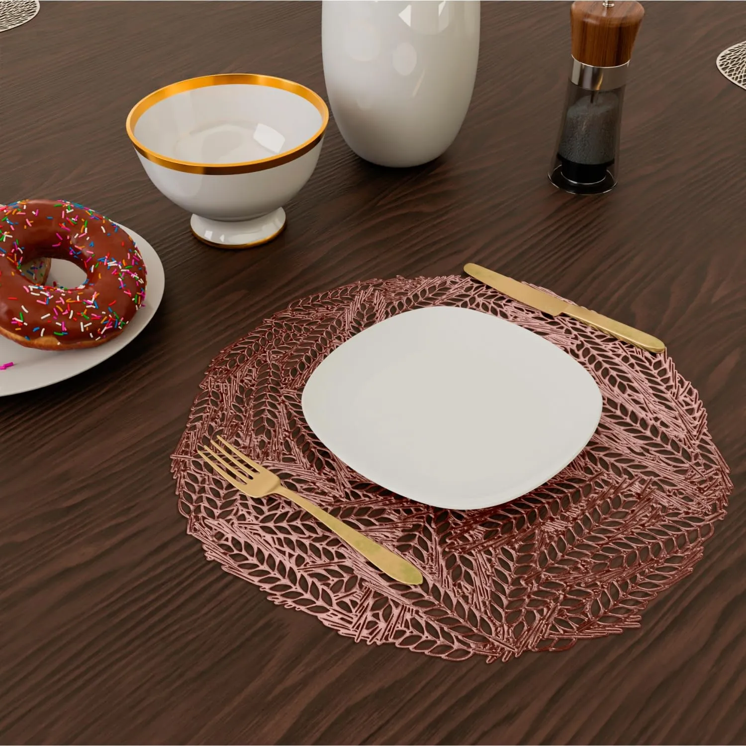 Kuber Industries Placemat | Placemats for Dining Room | Designer Table Mat Set | Placemats for Kitchen Table | Round Table Placemats | Leaf-Design Placemat | 6 Piece Set | Copper