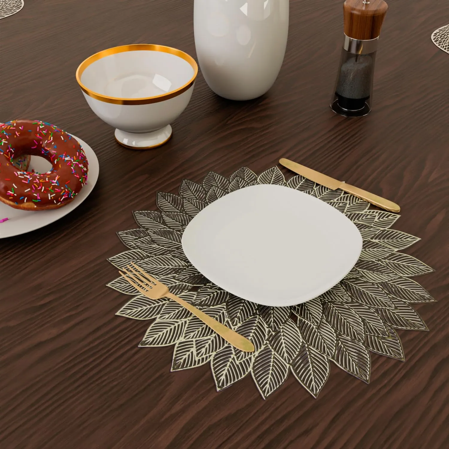 Kuber Industries Placemat | Placemats for Dining Room | Designer Table Mat Set | Placemats for Kitchen Table | Side Table Placemats | Round Flower Placemat | 6 Piece Set | Golden