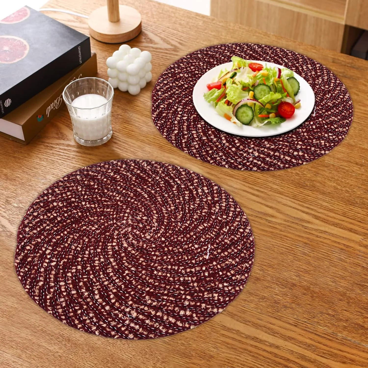 Kuber Industries Side Table Mats | Round Feather Table Mat | Bed-Side Table Mat | Center Table Mat | Reversible Dining Mat | Table Runner Mat | 16 Inch | Small | Pack of 2 | Maroon