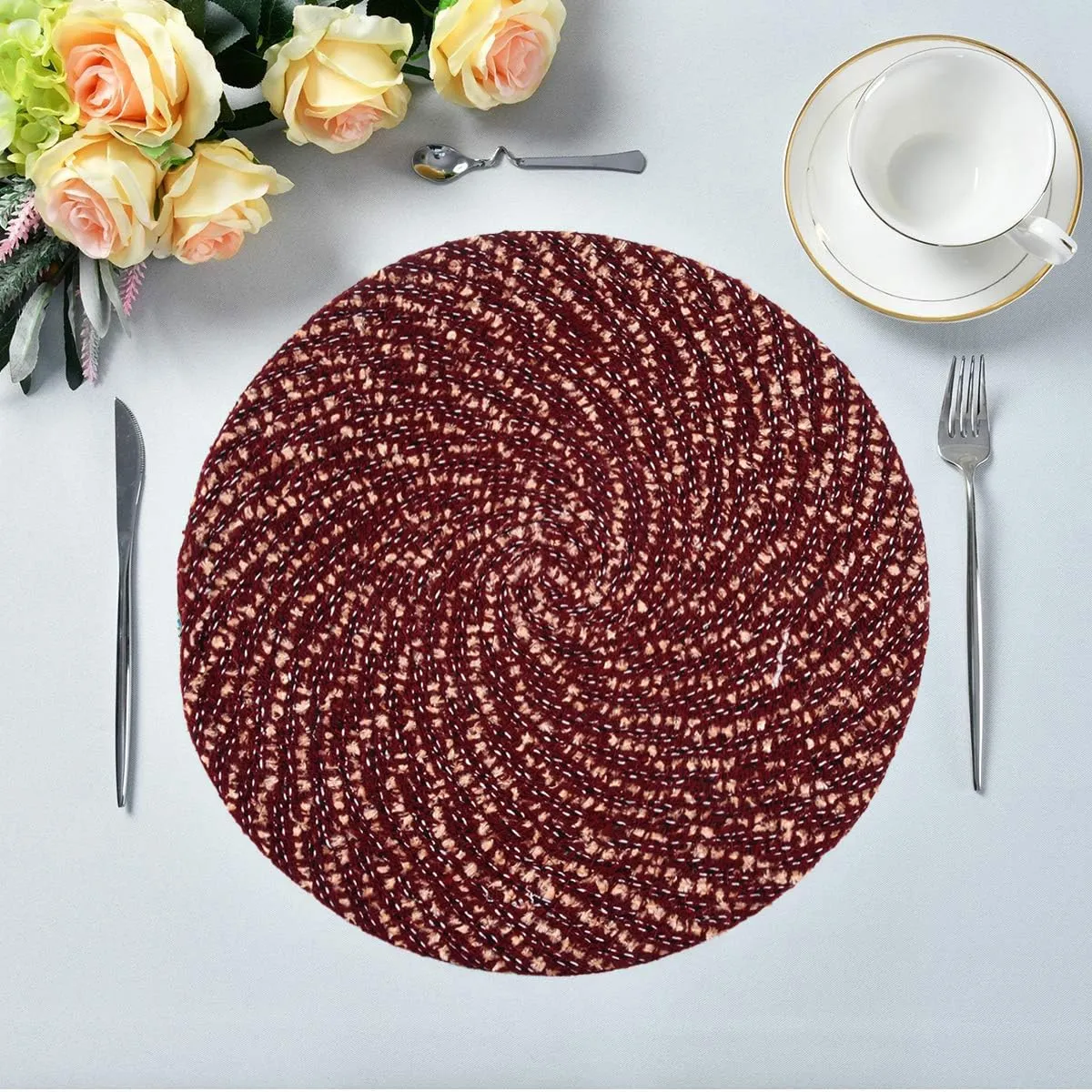 Kuber Industries Side Table Mats | Round Feather Table Mat | Bed-Side Table Mat | Center Table Mat | Reversible Dining Mat | Table Runner Mat | 16 Inch | Small | Pack of 2 | Maroon