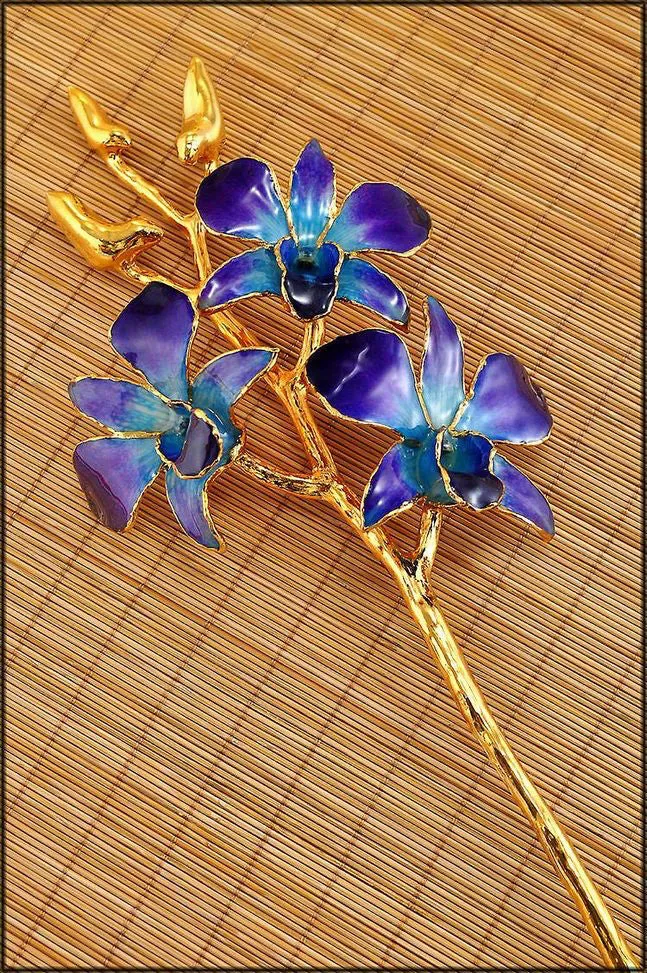 Lacquer Dipped 24k Gold Trimmed Purple and Blue Orchid Stem