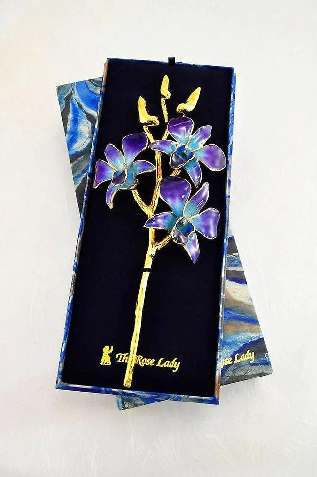 Lacquer Dipped 24k Gold Trimmed Purple and Blue Orchid Stem