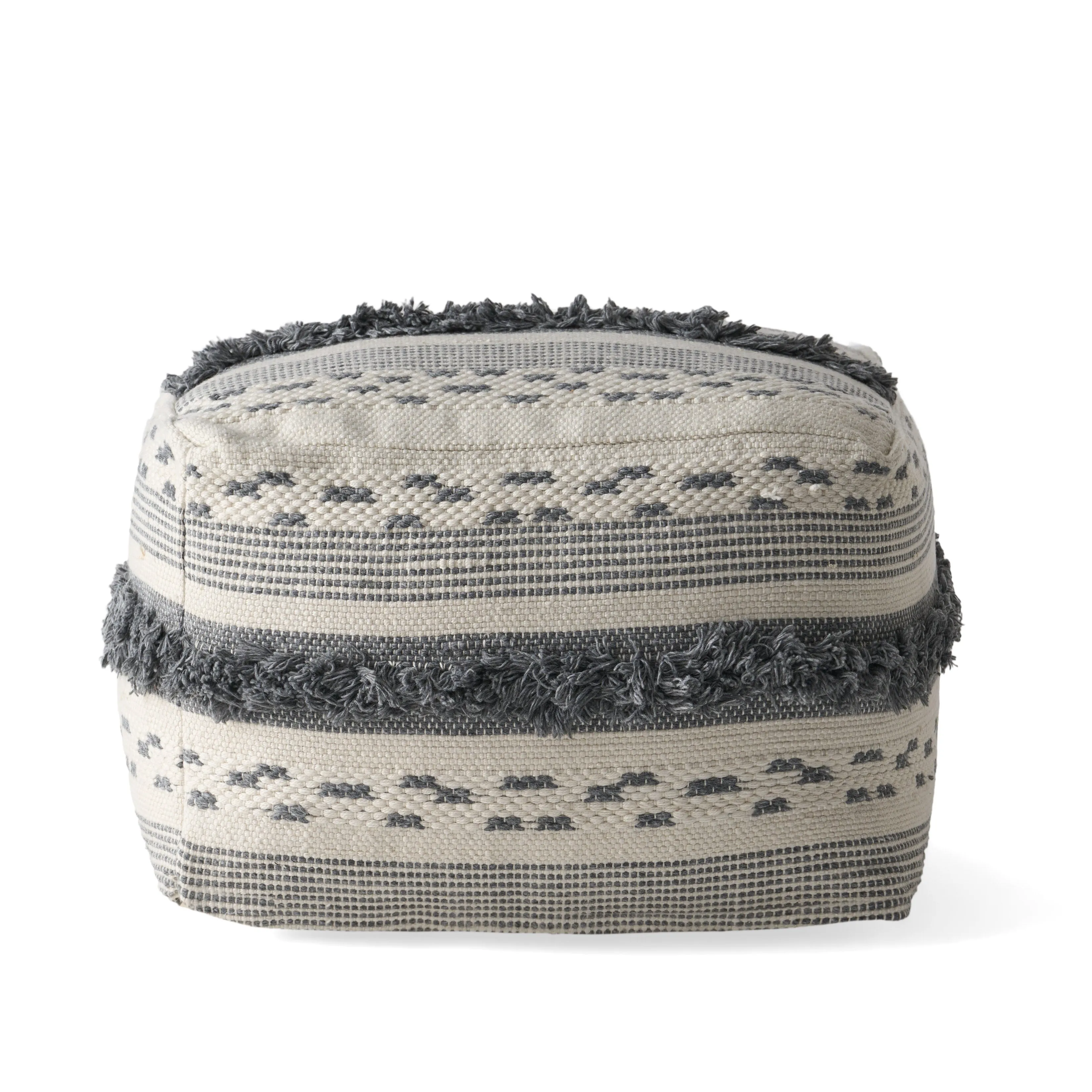 Laura Contemporary Faux Yarn Pouf Ottoman, Ivory and Gray