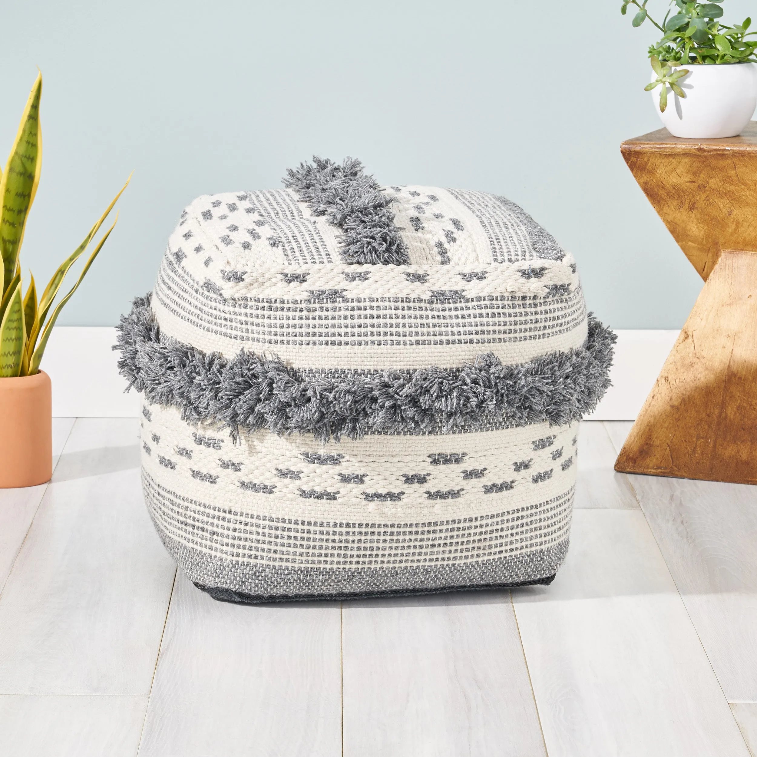 Laura Contemporary Faux Yarn Pouf Ottoman, Ivory and Gray