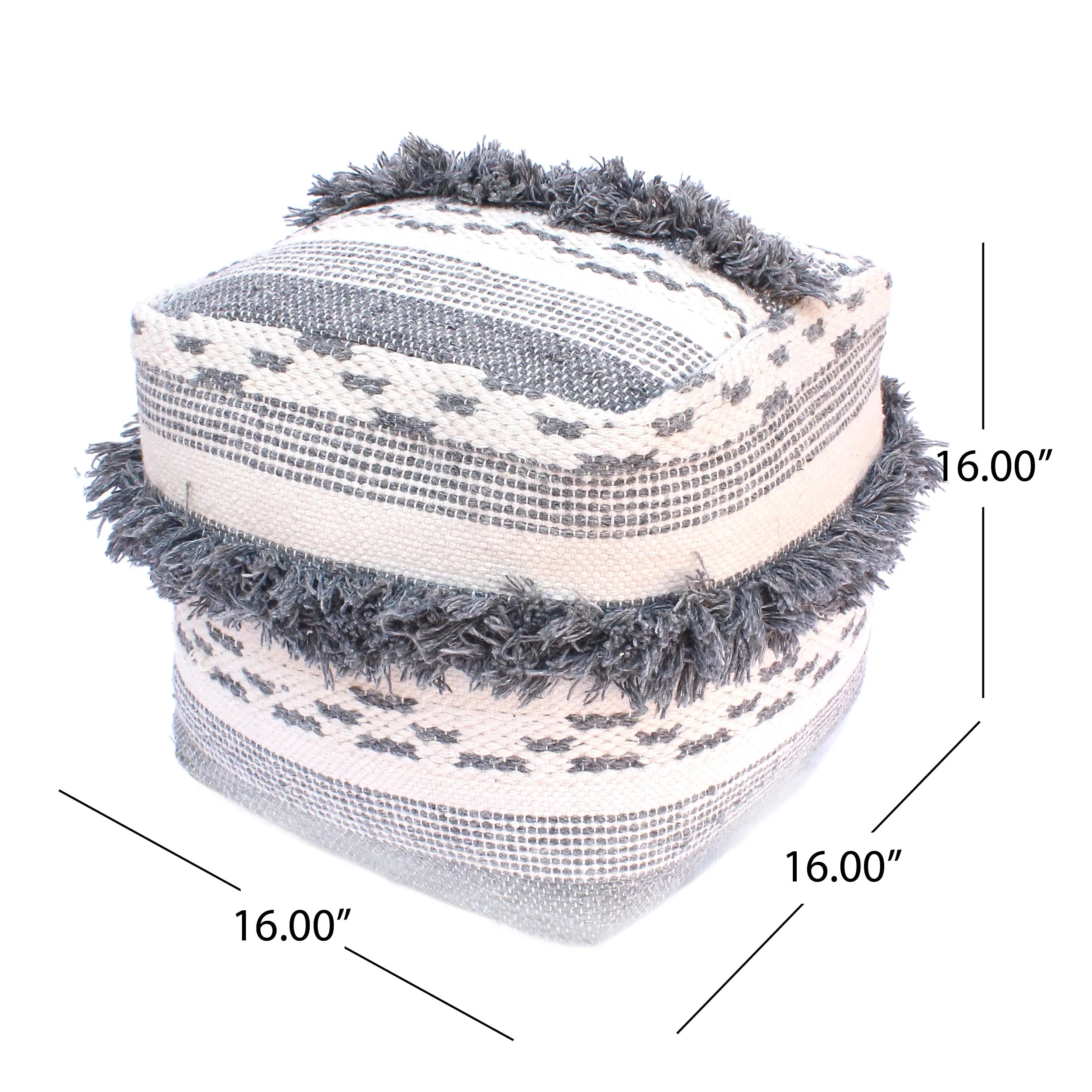 Laura Contemporary Faux Yarn Pouf Ottoman, Ivory and Gray