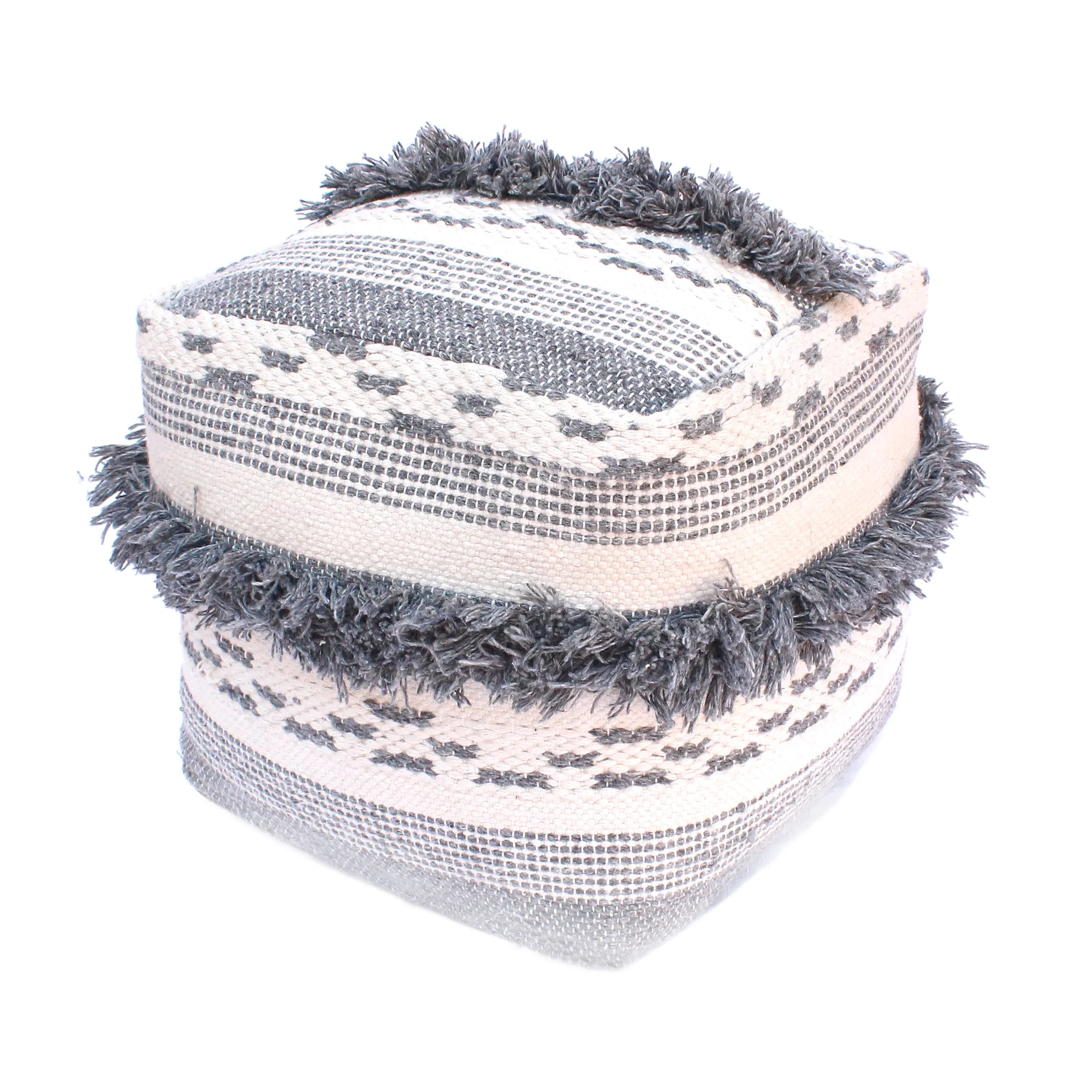 Laura Contemporary Faux Yarn Pouf Ottoman, Ivory and Gray