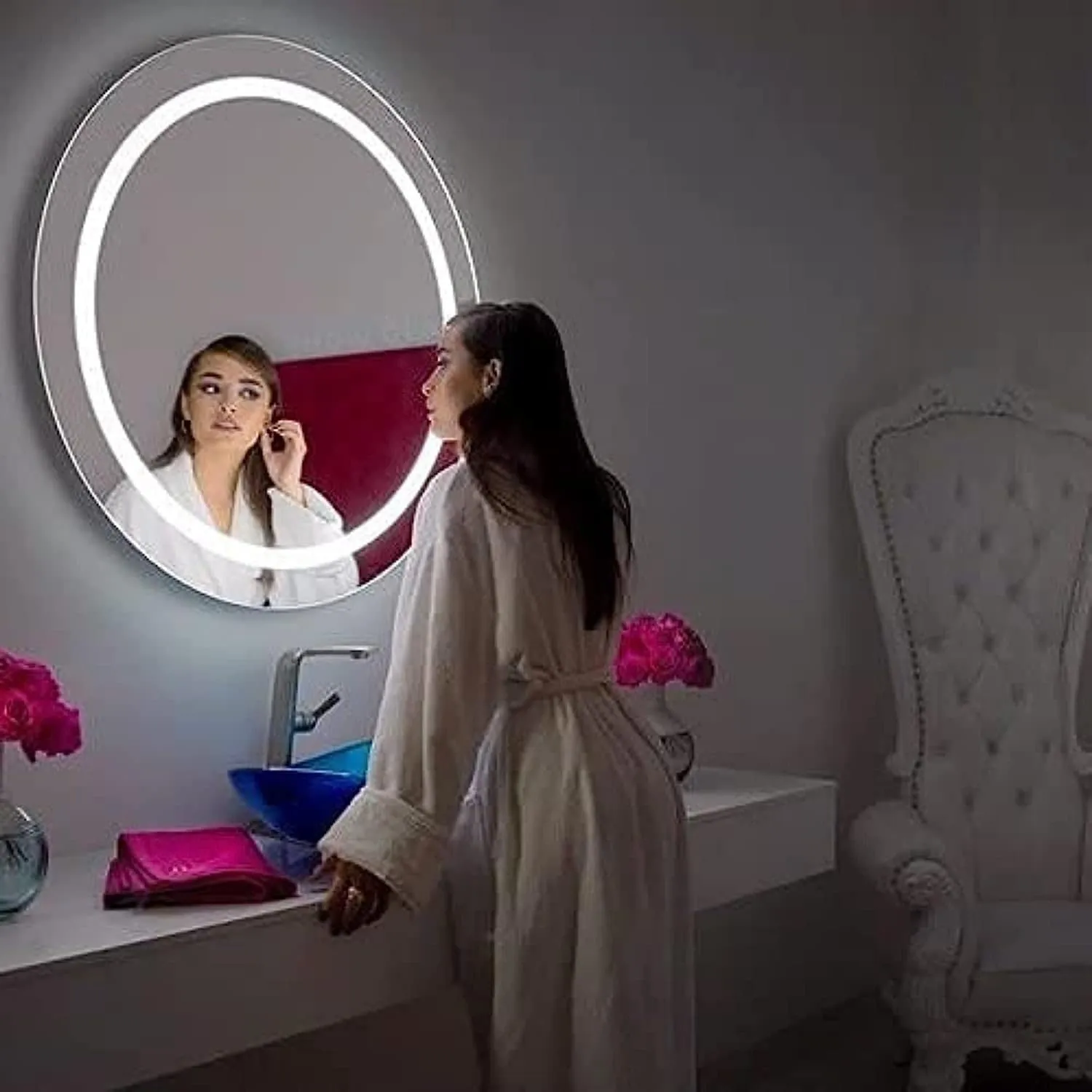 MALLIK DESIGN Warm White Round Led Bathroom Mirror Smart Makeup Light up Mirrors (3 Lights Integrated) - 18x24 Inch