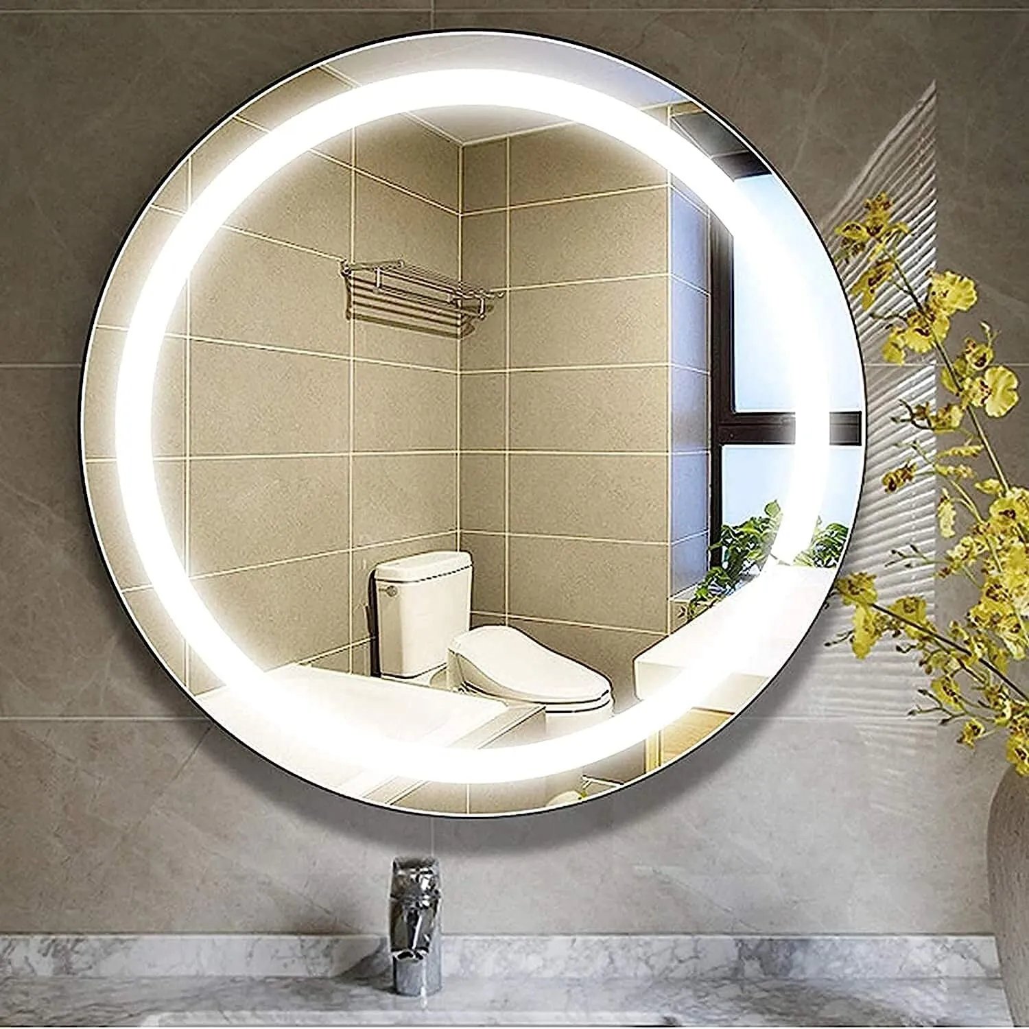 MALLIK DESIGN Warm White Round Led Bathroom Mirror Smart Makeup Light up Mirrors (3 Lights Integrated) - 18x24 Inch