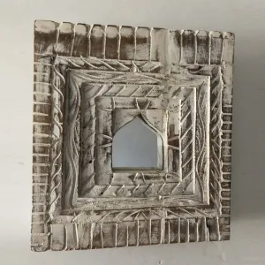 Mehrab Hand Carved Indian Solid Wood Mhaya Mirror Whitewash 28cm