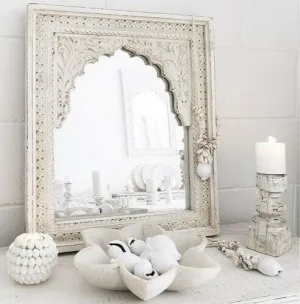 Mehrab Indian Hand Carved Mirror Arched Globe Wooden Wall Decor 60x60cm White