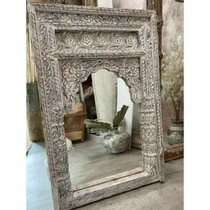 Mehrab Indian Hand Carved Mirror Arched Globe Wooden Wall Decor 90x60cm White