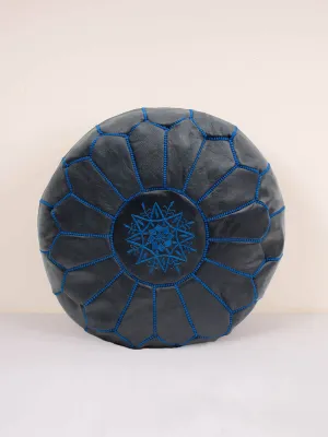 Moroccan Leather Pouffe, Deep Indigo