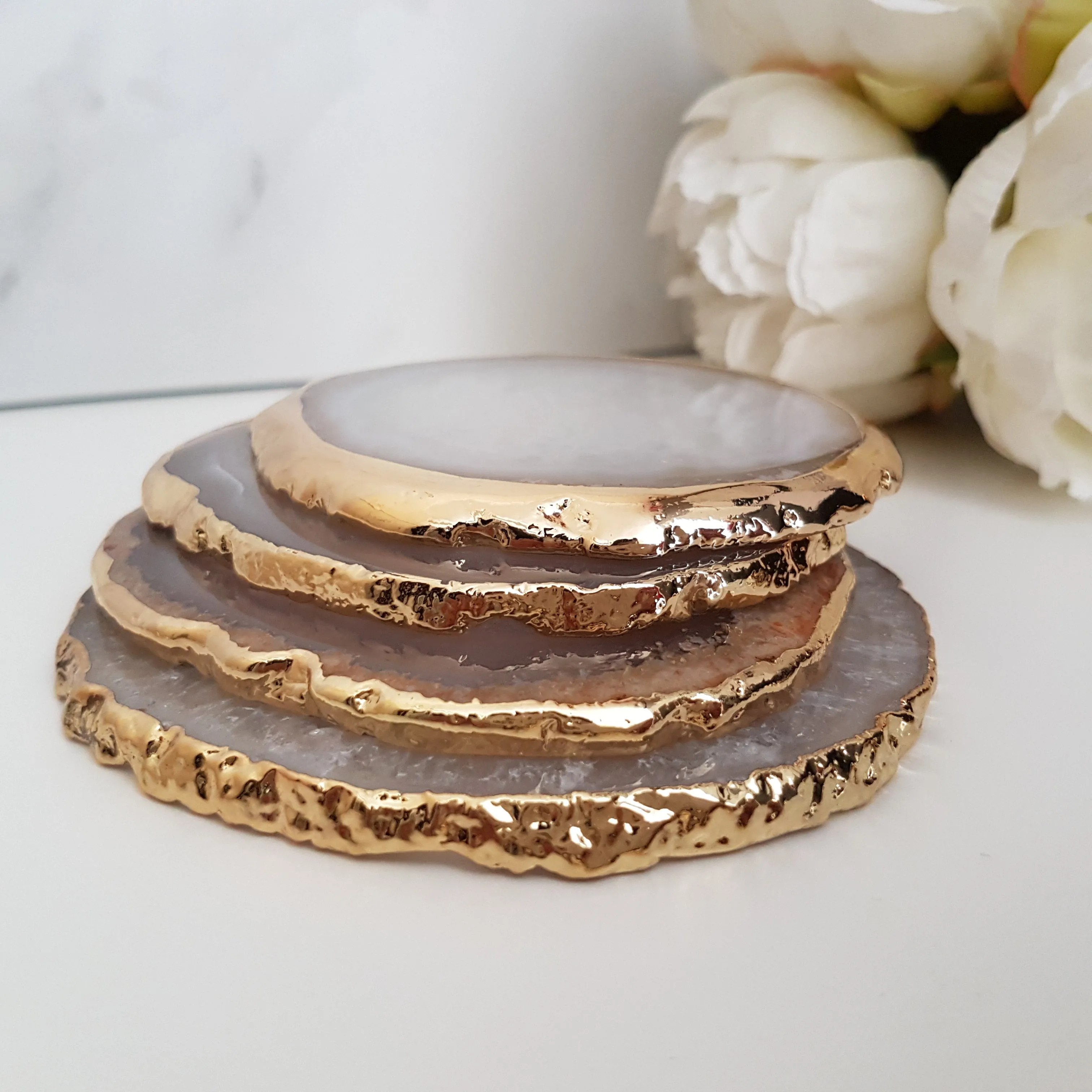 Natural White Agate Crystal Coasters with Gold Glided Edge