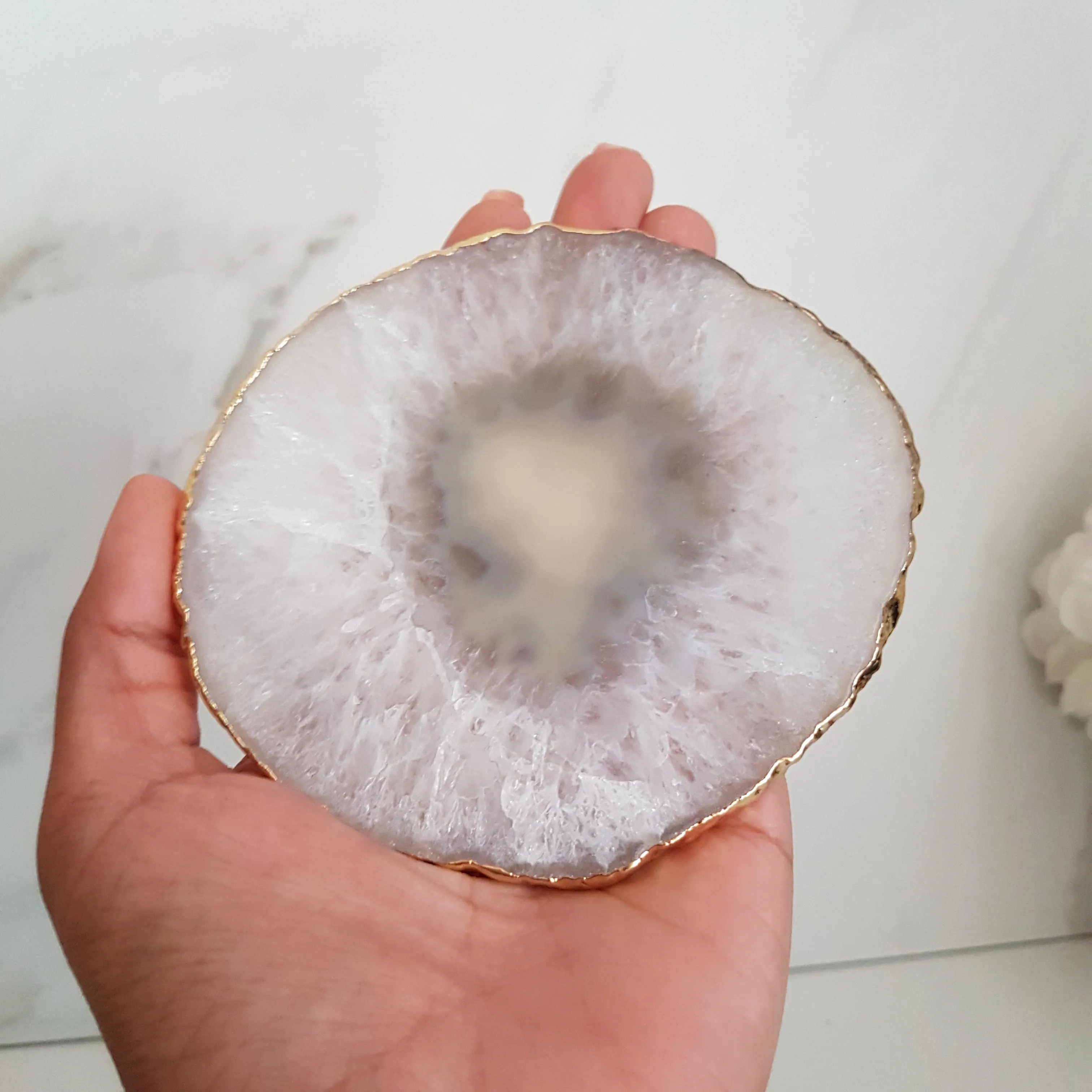 Natural White Agate Crystal Coasters with Gold Glided Edge