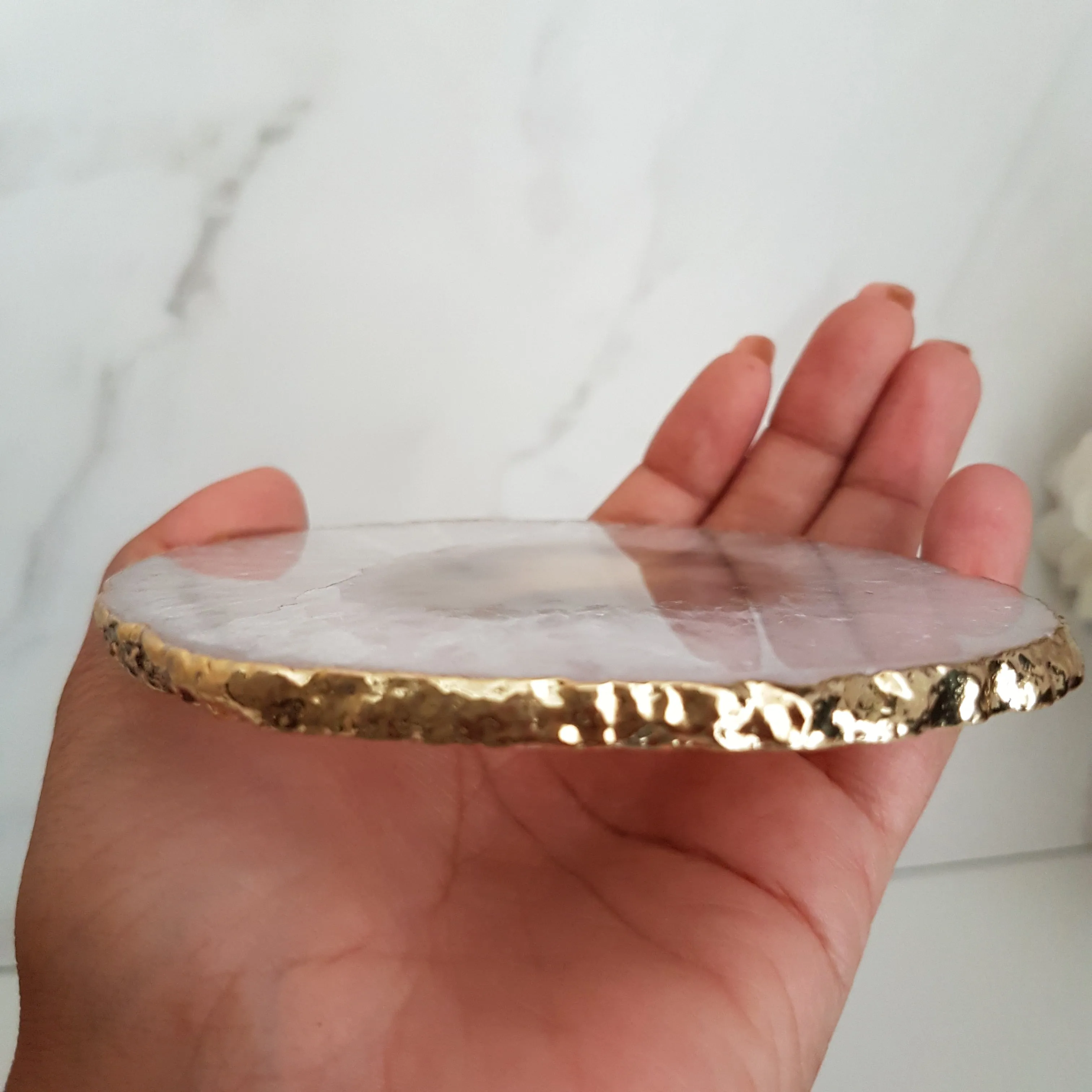 Natural White Agate Crystal Coasters with Gold Glided Edge