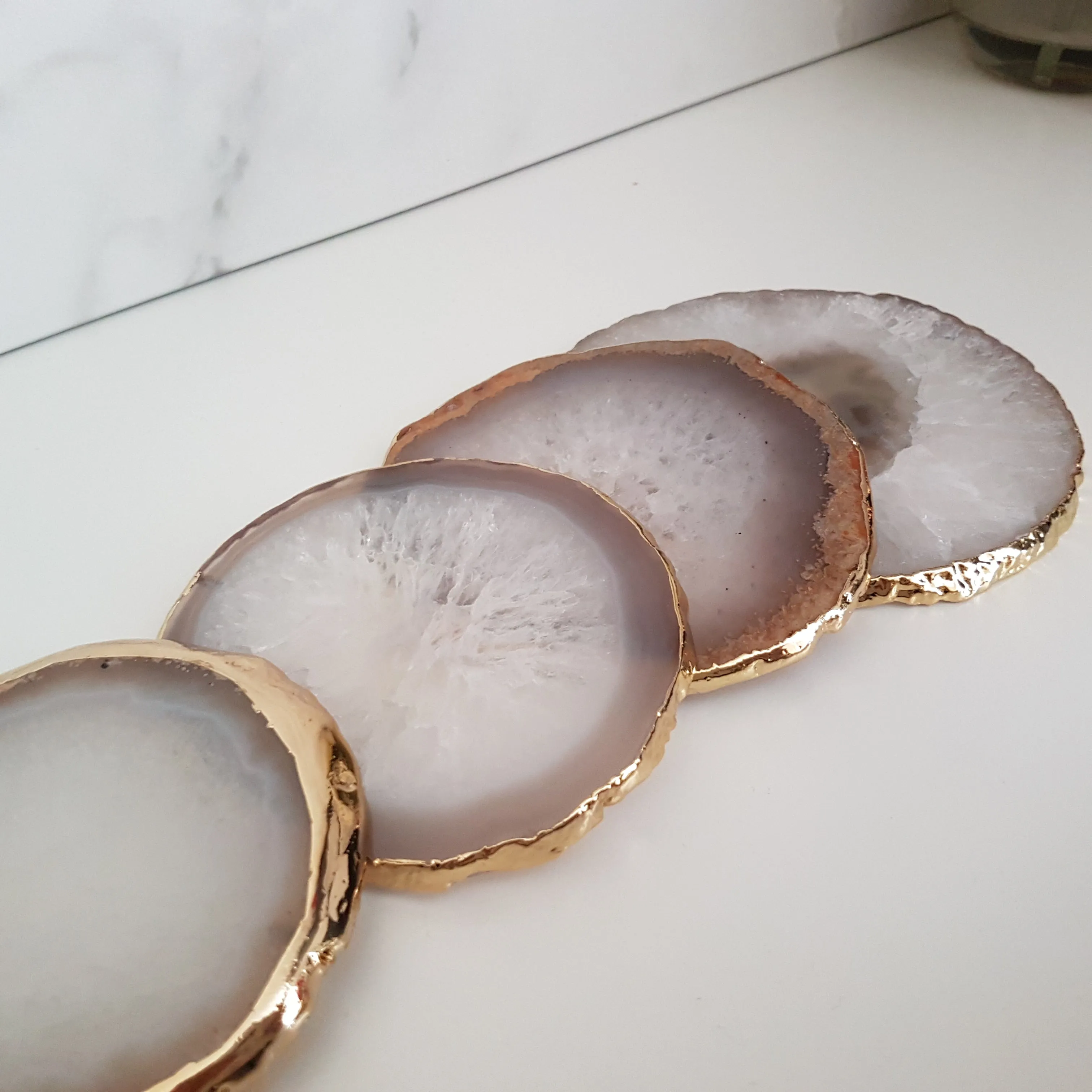 Natural White Agate Crystal Coasters with Gold Glided Edge