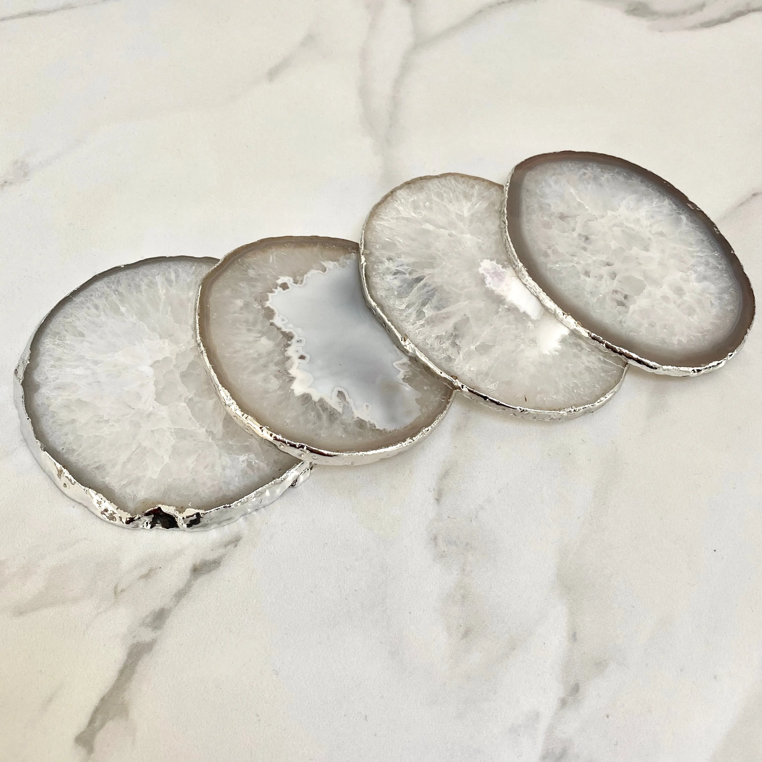 Natural White Agate Crystal Coasters with Silver Plated Edge