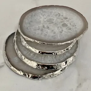 Natural White Agate Crystal Coasters with Silver Plated Edge