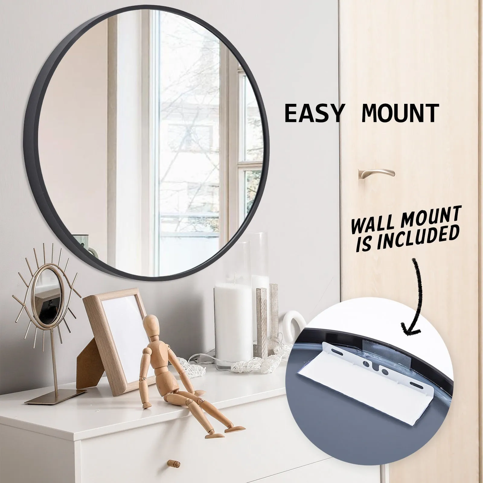 Ready to Mount Round Mirrors, Metal Frame, 80cm - La Bella