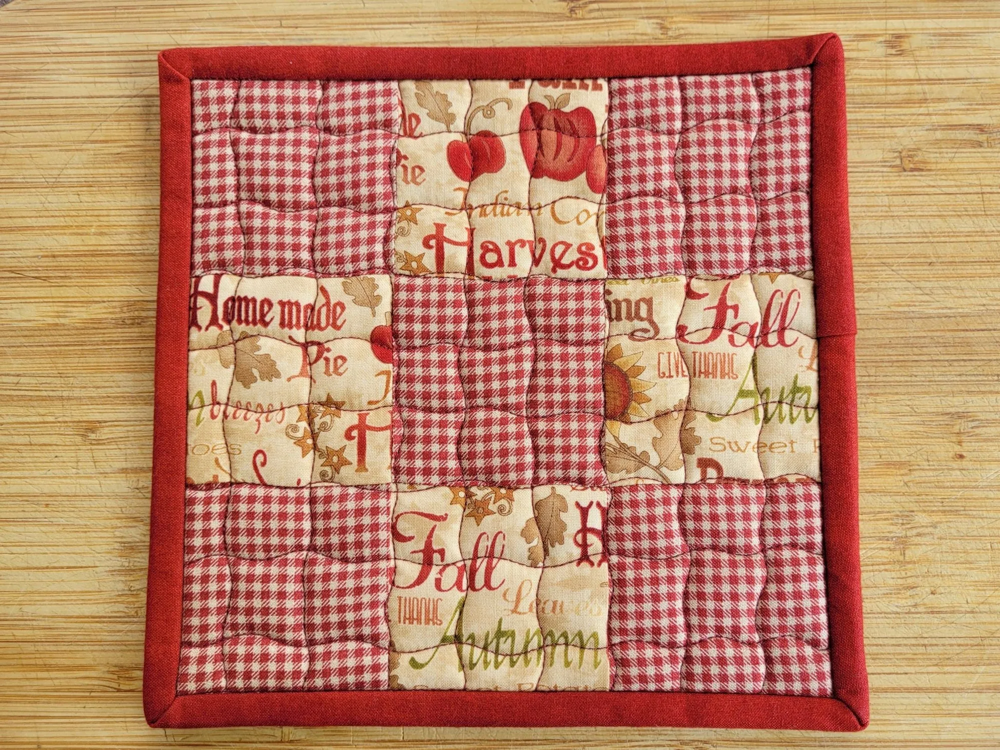 Red Gingham Potholders in Thanksgiving & Harvest Theme Fabrics