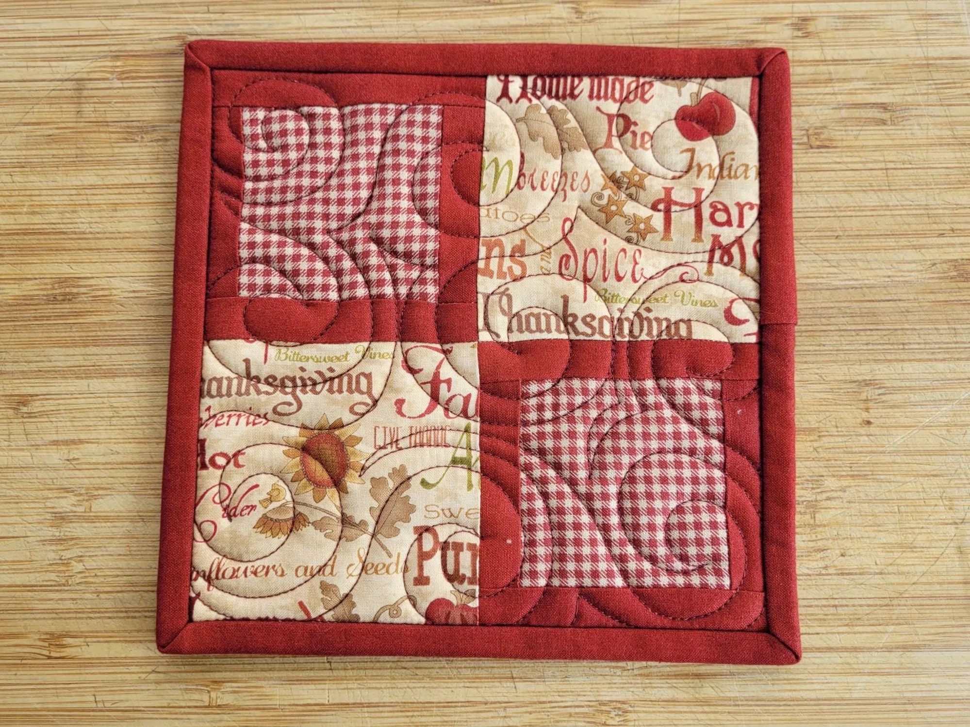 Red Gingham Potholders in Thanksgiving & Harvest Theme Fabrics