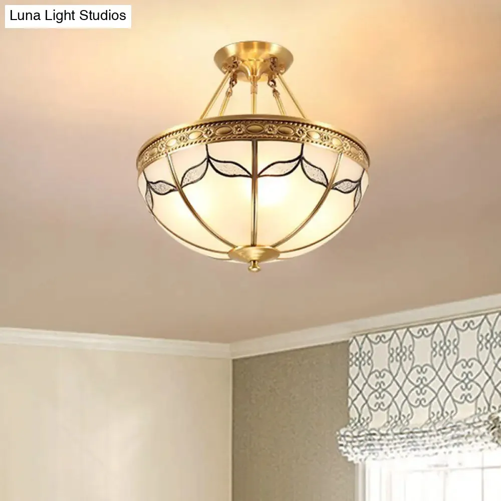 Retro Dome Ceiling Light with Milkglass & Leaf Pattern - Semi Flush Mount (3/4 Bulbs) - Brass Finish - 14"/18" W