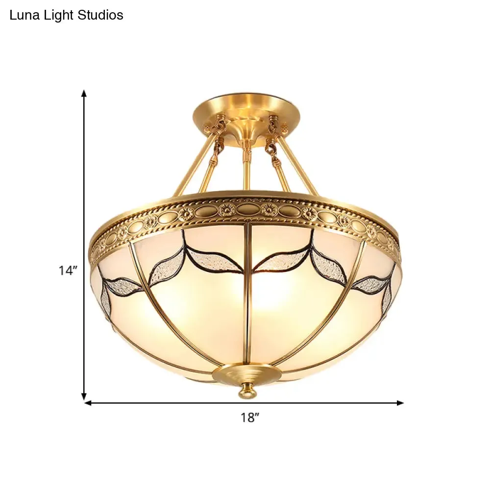 Retro Dome Ceiling Light with Milkglass & Leaf Pattern - Semi Flush Mount (3/4 Bulbs) - Brass Finish - 14"/18" W