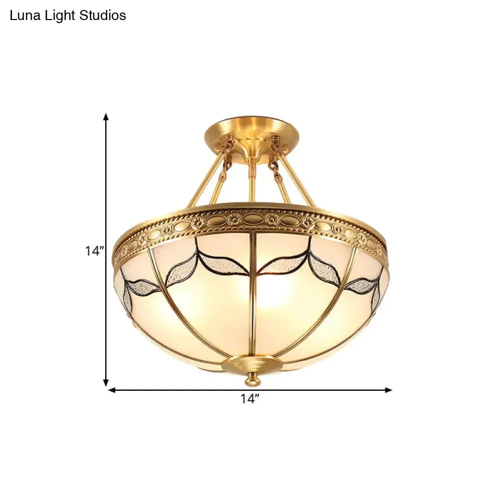 Retro Dome Ceiling Light with Milkglass & Leaf Pattern - Semi Flush Mount (3/4 Bulbs) - Brass Finish - 14"/18" W