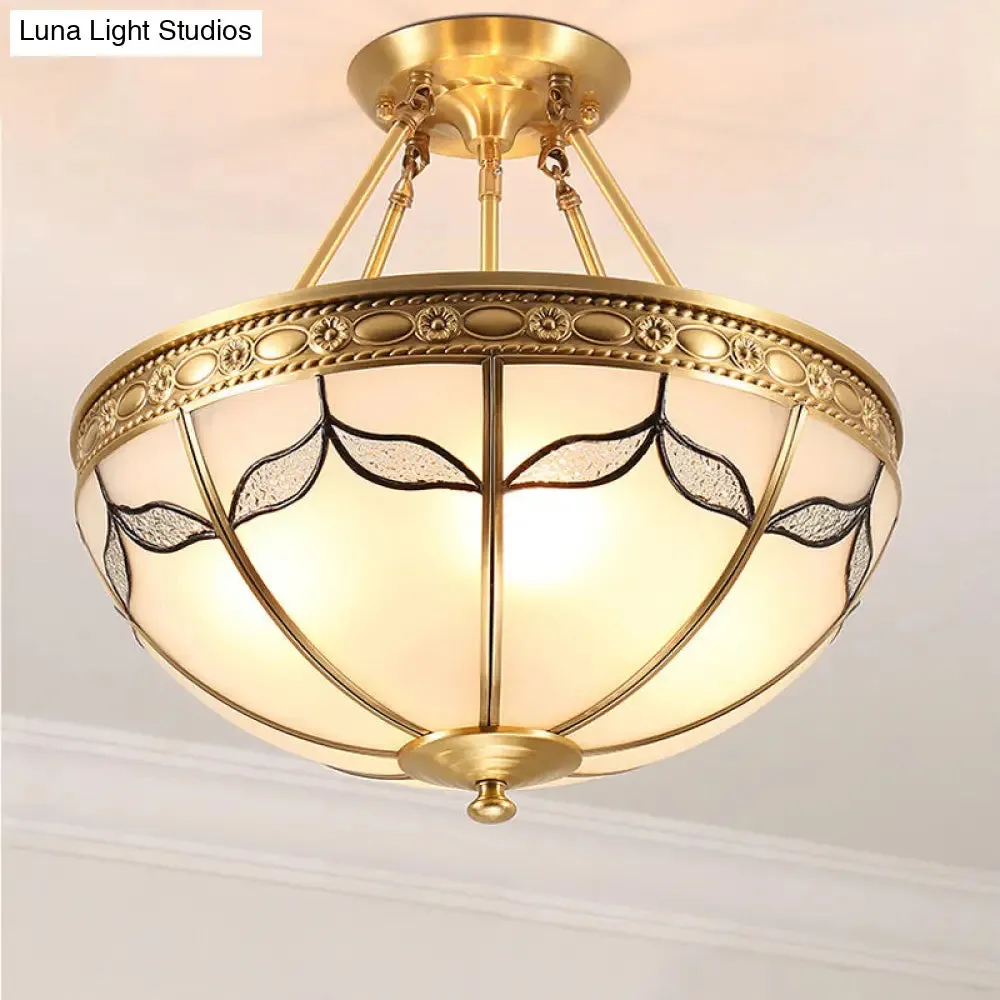 Retro Dome Ceiling Light with Milkglass & Leaf Pattern - Semi Flush Mount (3/4 Bulbs) - Brass Finish - 14"/18" W