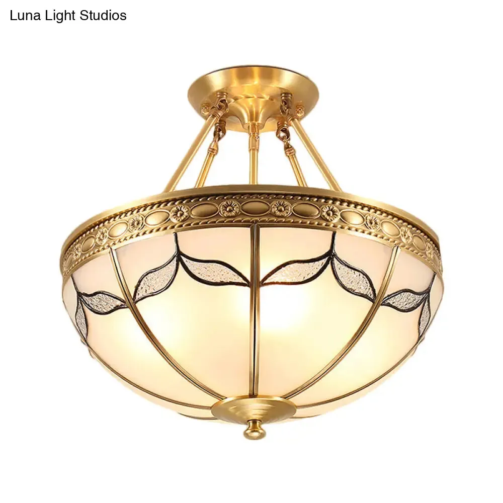 Retro Dome Ceiling Light with Milkglass & Leaf Pattern - Semi Flush Mount (3/4 Bulbs) - Brass Finish - 14"/18" W