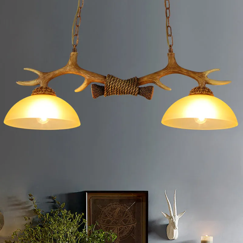 Retro Dome Pendant Light with Beige Glass and Decorative Deer Horn - Set of 2