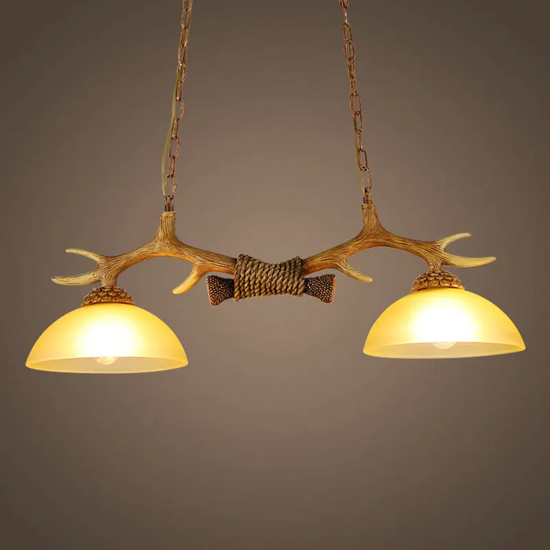 Retro Dome Pendant Light with Beige Glass and Decorative Deer Horn - Set of 2