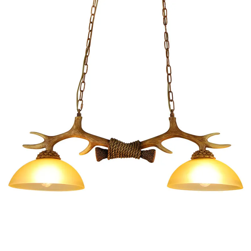 Retro Dome Pendant Light with Beige Glass and Decorative Deer Horn - Set of 2