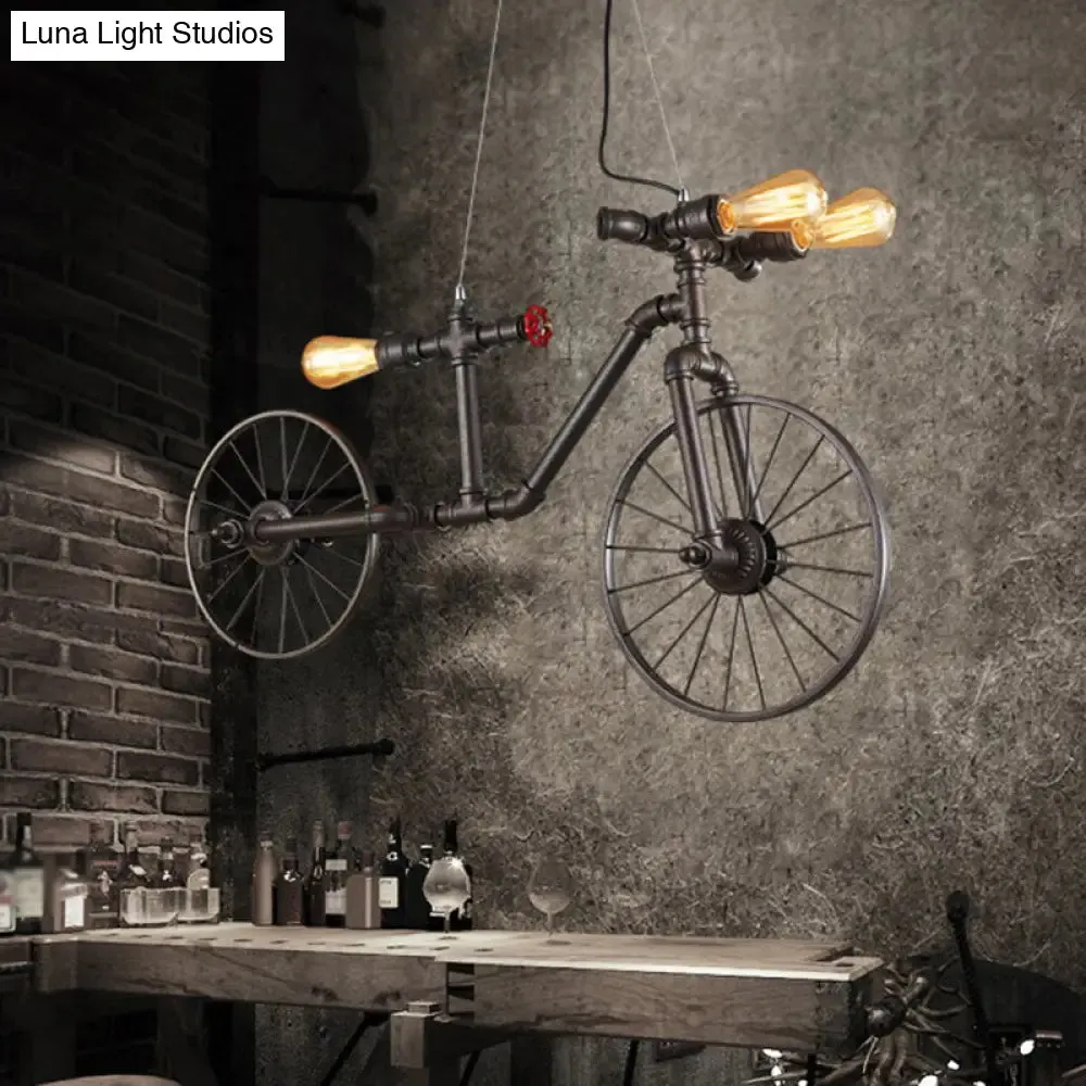 Retro Style Iron Piping Bicycle Hanging Lamp - 3 Bulbs Ceiling Light - Black