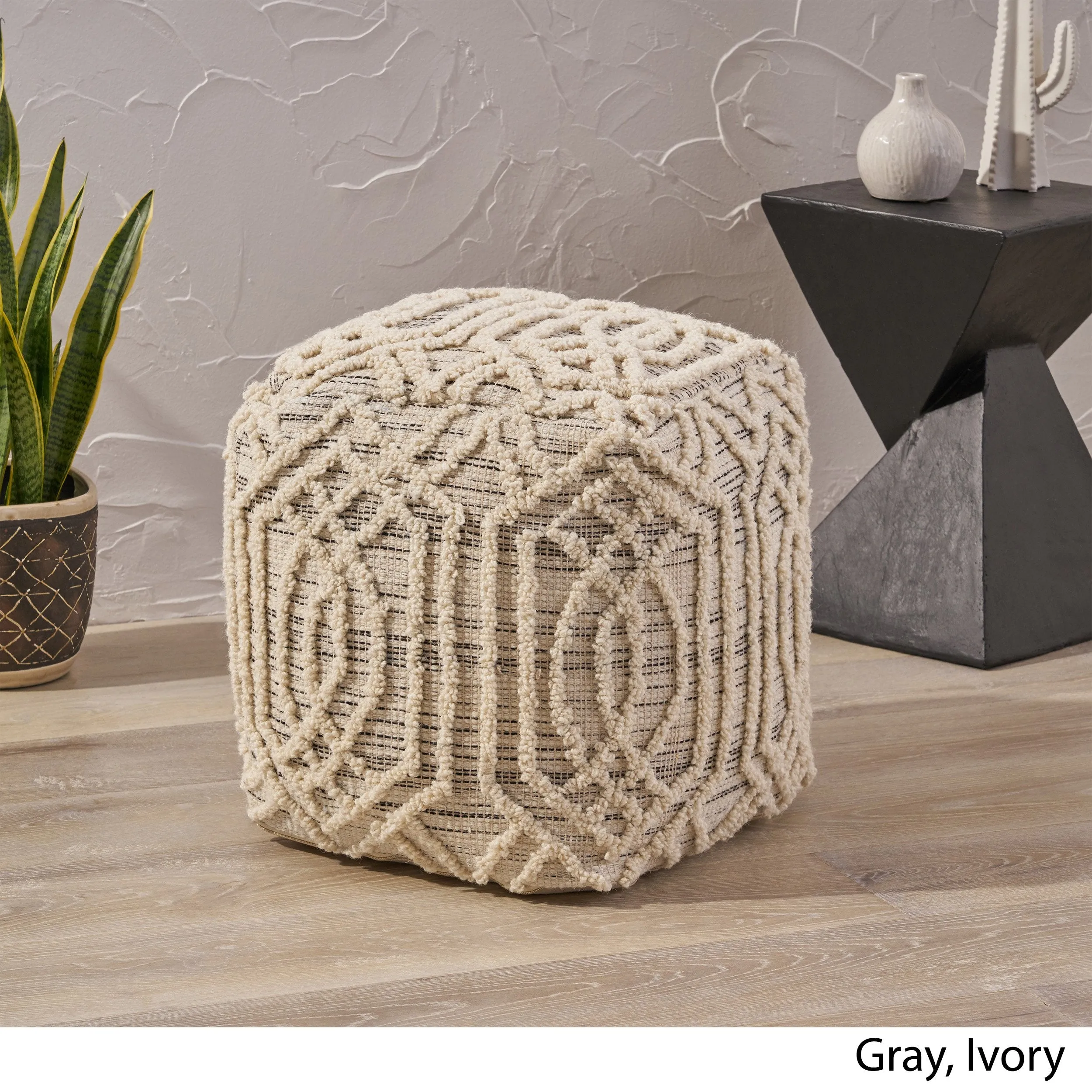 Safiya Boho Wool and Cotton Ottoman Pouf